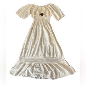 Bohemian Cream White Off Shoulder Boho Peasant Maxi with Wooden Necklace Dress M